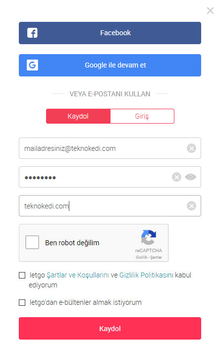 letgo kayıt ekranı