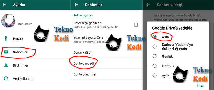 telefonda whatsapp yedeklemeyi kapatma